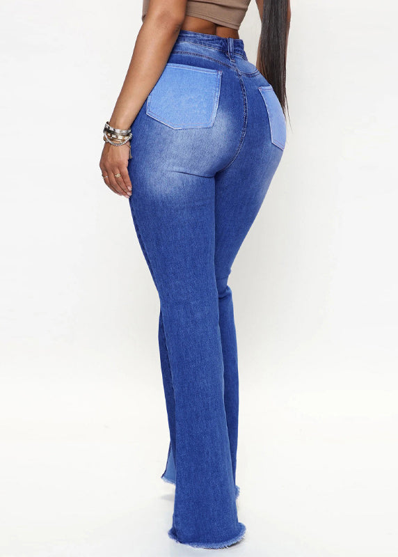 French Blue Pockets Patchwork Denim Flared Trousers Summer