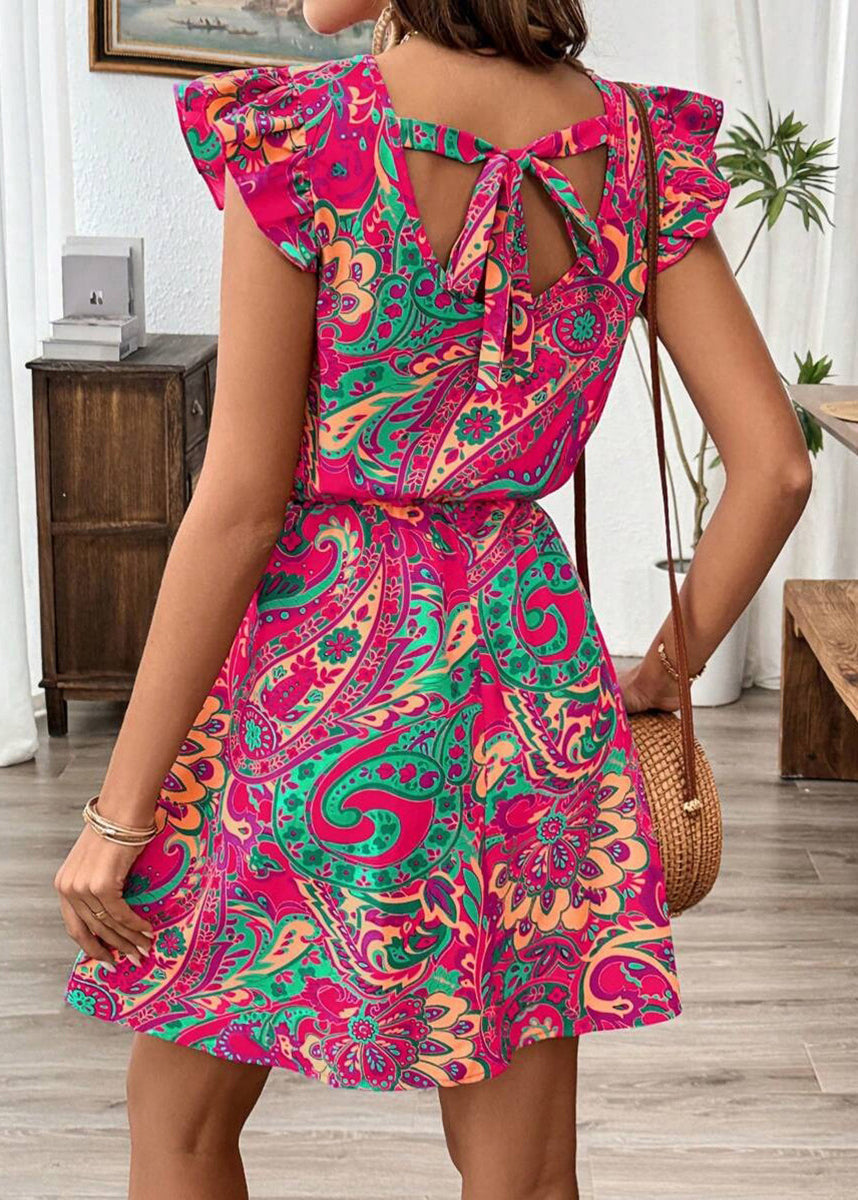 Rose Ruffled Print Cotton Vacation Dresses Summer
