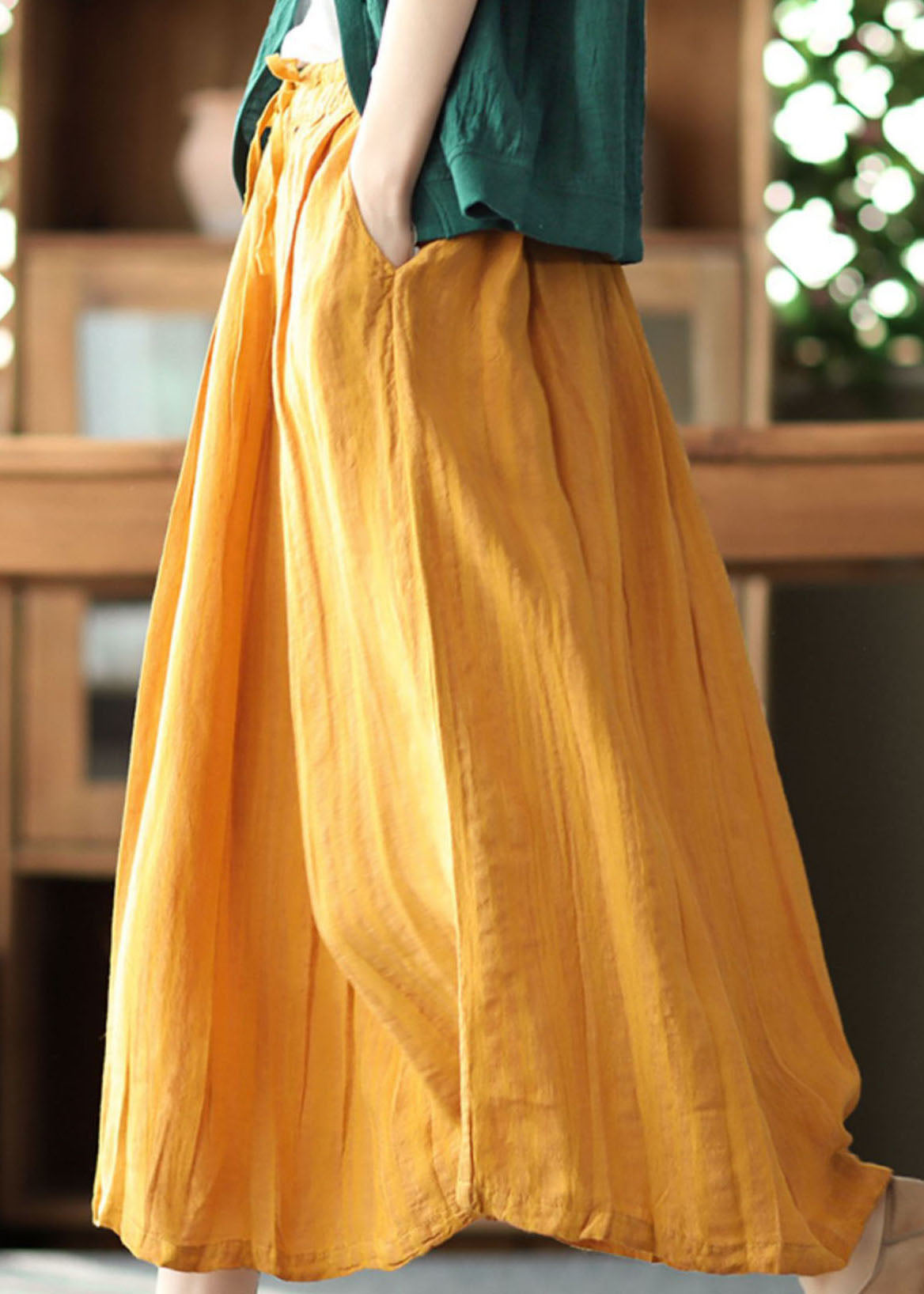 Yellow Wrinkled Patchwork Drawstring Linen Skirts Spring