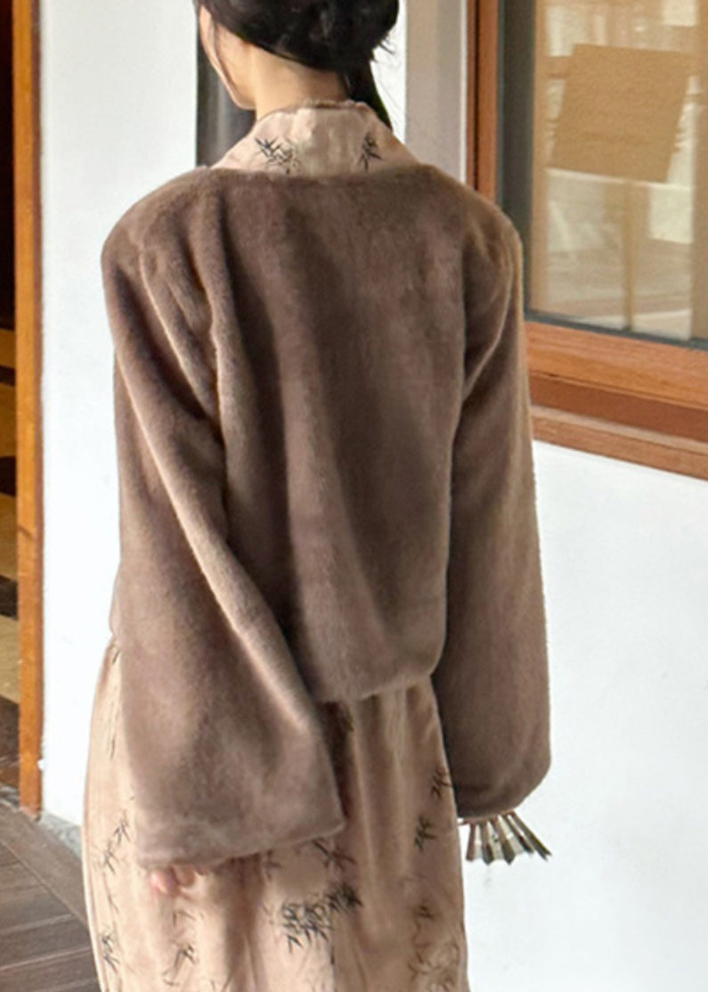 Coffee V Neck Print Patchwork Leather and Fur Coat Winter