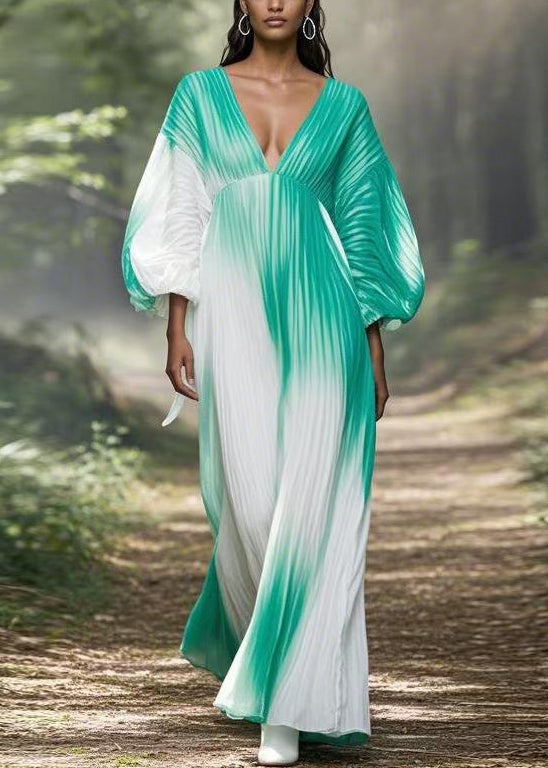 Gradient Color V Neck Wrinkled Chiffon Long Dress Spring