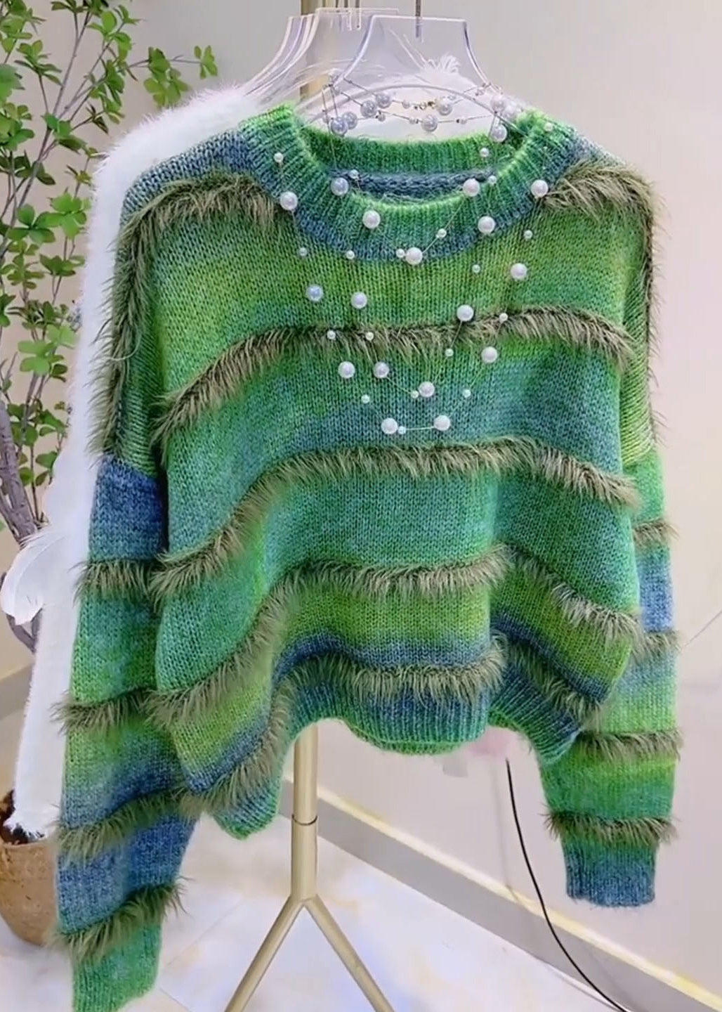 Khaki Striped Tassel Cozy Cotton Knit Sweater Winter