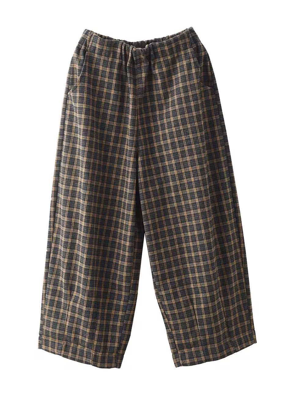 Pockets Plaid Elastic Waist Warm Fleece Trousers Spring