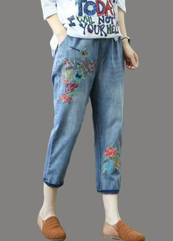 Blue Embroidered Denim Ripped Pants Summer