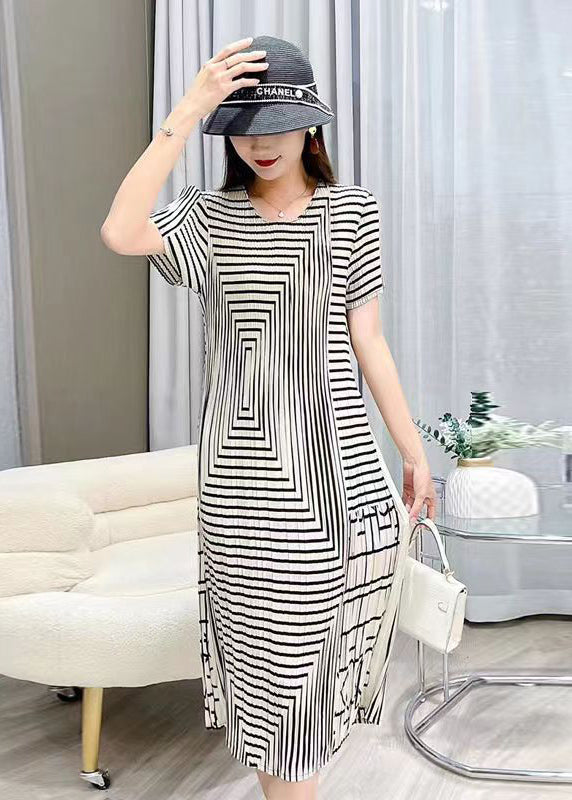 White O Neck Striped Wrinkled Silk Dresses Summer