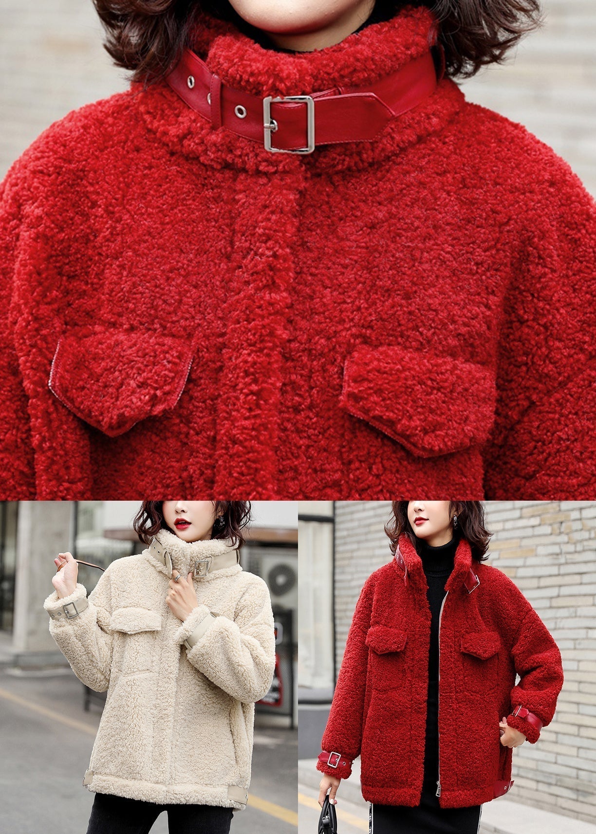 Loose Red Zippered Patchwork Teddy Faux Fur Coat Winter