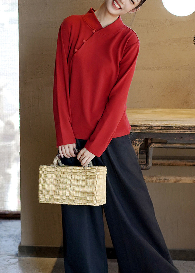 Red Stand Collar Warm Cotton Shirt Spring