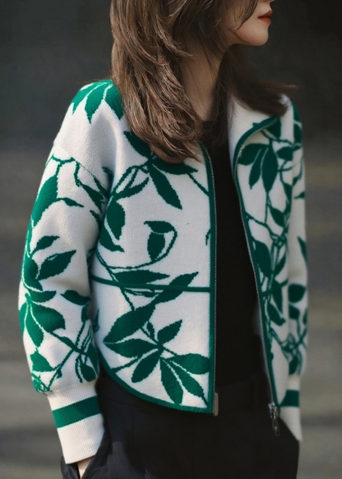 Green Zippered Patchwork Cotton Knit Cardigans Fall