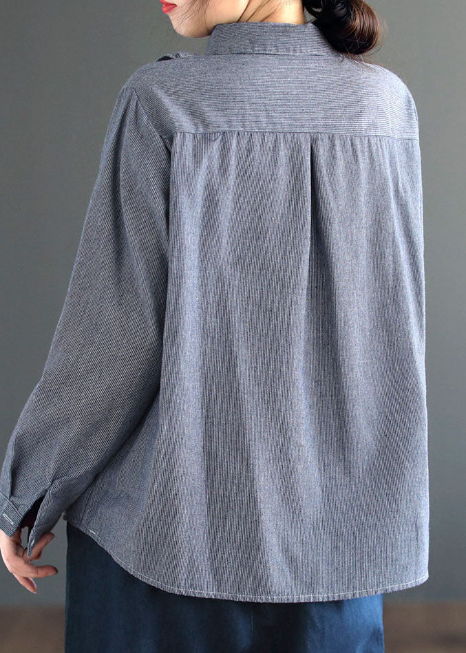Unique Blue Ruffled Patchwork Embroidered Cotton Shirt Top Spring