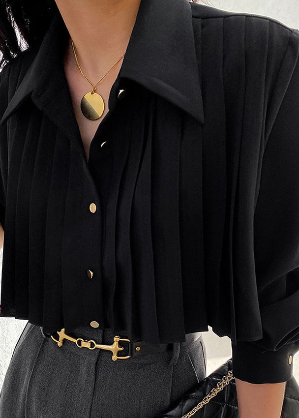 French White Peter Pan Collar Wrinkled Chiffon Shirt Tops Spring