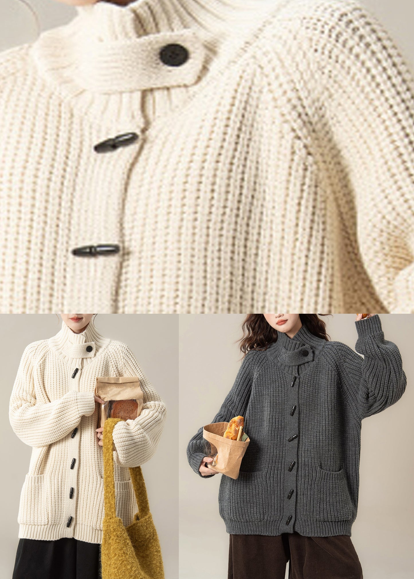 Grey Stand Collar Thick Cotton Knit Cardigans Winter