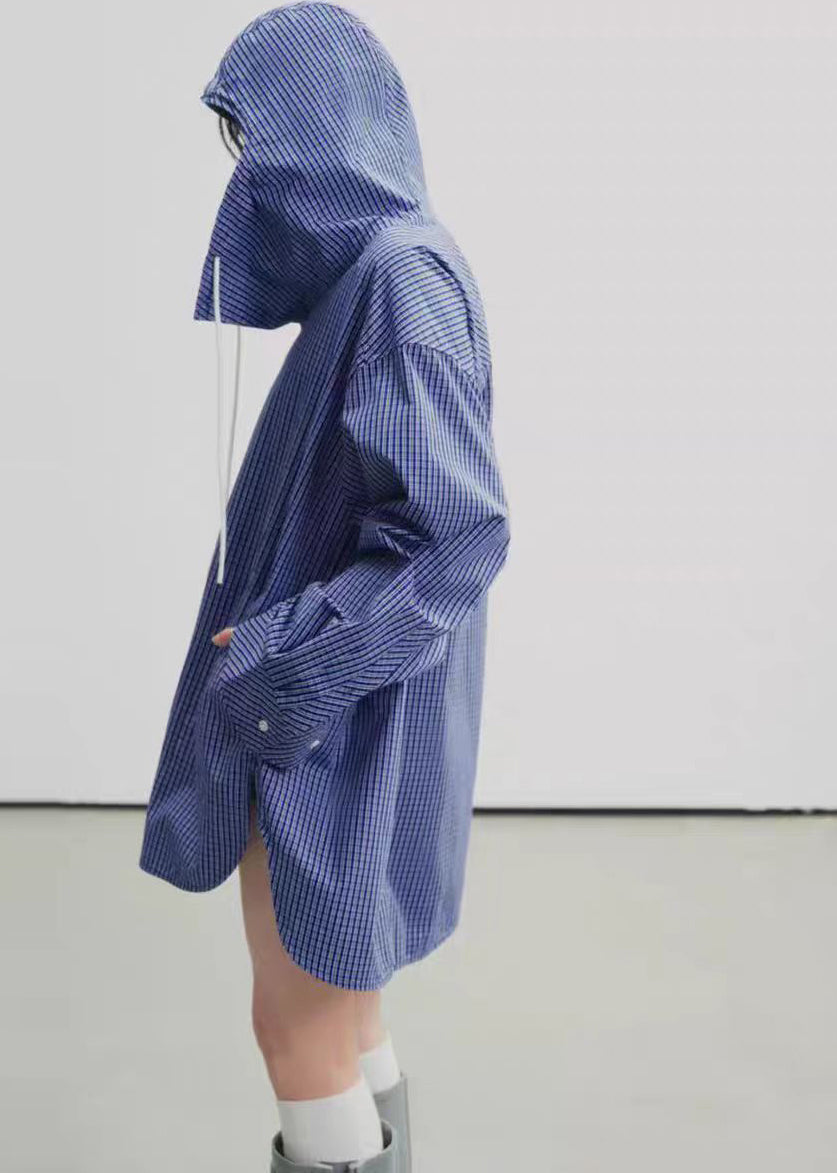 Blue Hooded Plaid Cotton Trench Fall