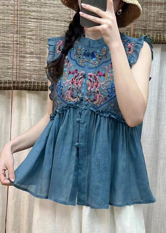 Simple Blue Embroidered Ruffles Button Linen Top Short Sleeve