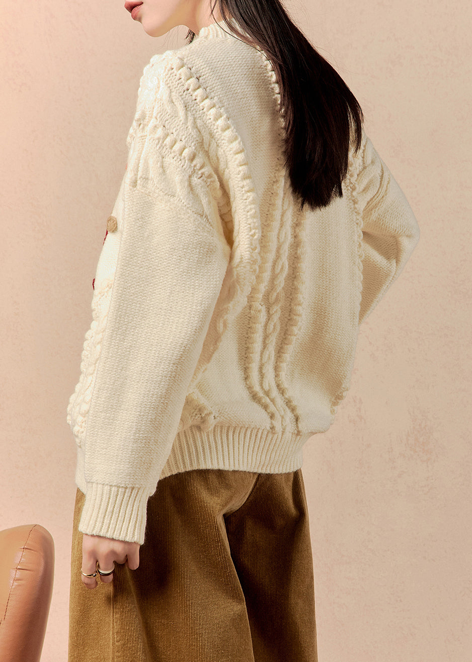 Beige O Neck Cozy Cable Knit Sweater Winter