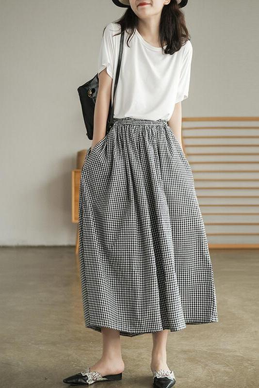 Cotton Plaid Pocket Straight Wide Leg Pants