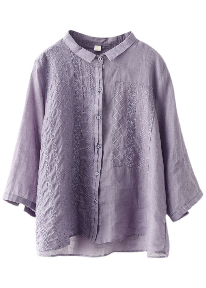 Natural Purple Peterpan Collar Button Embroidered Fall Top Long Sleeve