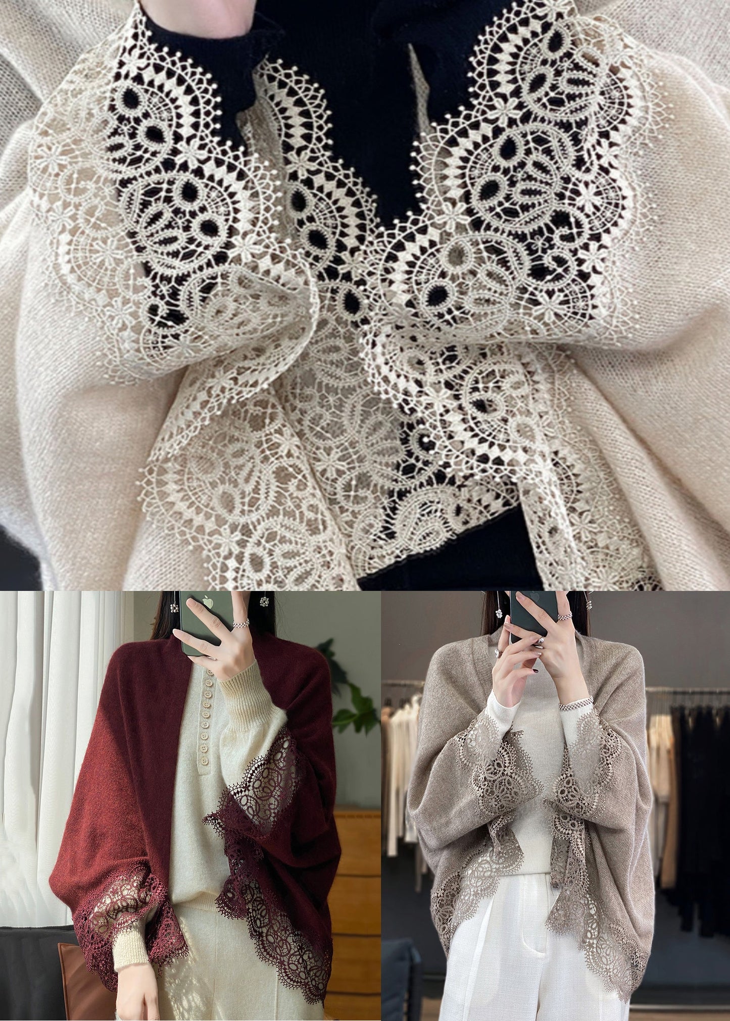 Camel V Neck Hollow Out Lace Woolen Cardigans Batwing Sleeve