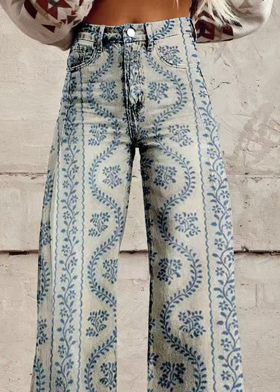 Blue Print Pockets Denim Wide Leg Pants Spring