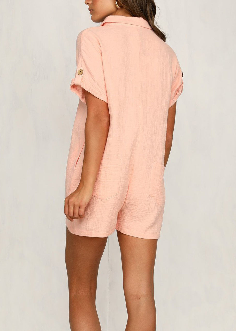 New Pink Peter Pan Collar Pockets Cotton Jumpsuit Summer