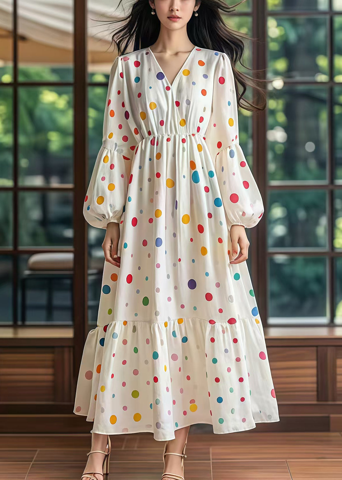White Cinched Print Cotton Long Dress Lantern Sleeve