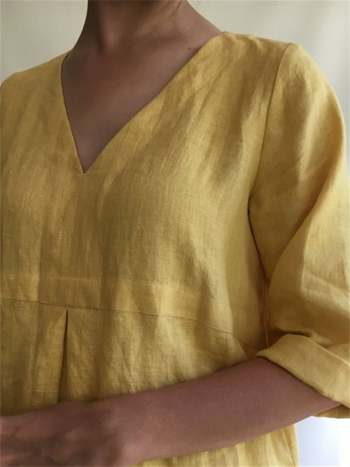 V-neck Color Cotton Linen Loose Dresses