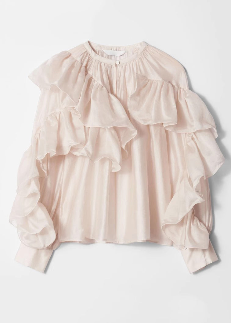 Stylish O-neck Ruffled Silk Shirts Fall