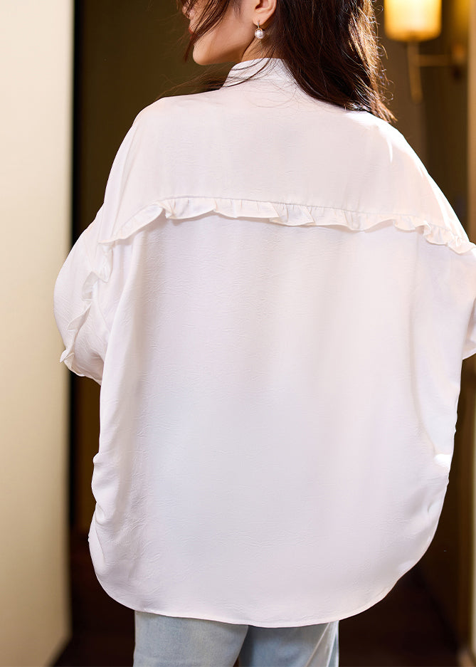 Loose White Ruffled Button Blouses Bracelet Sleeve