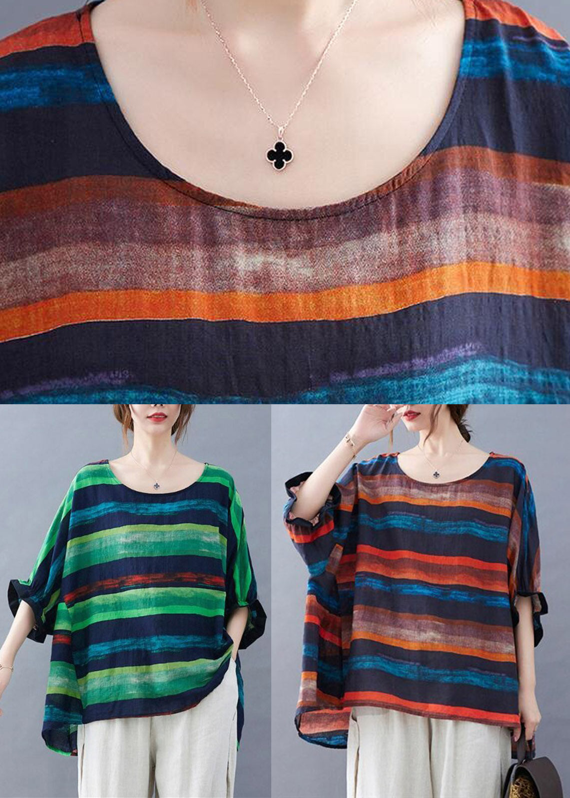 Orange Striped O-neck T Shirt Batwing Sleeve