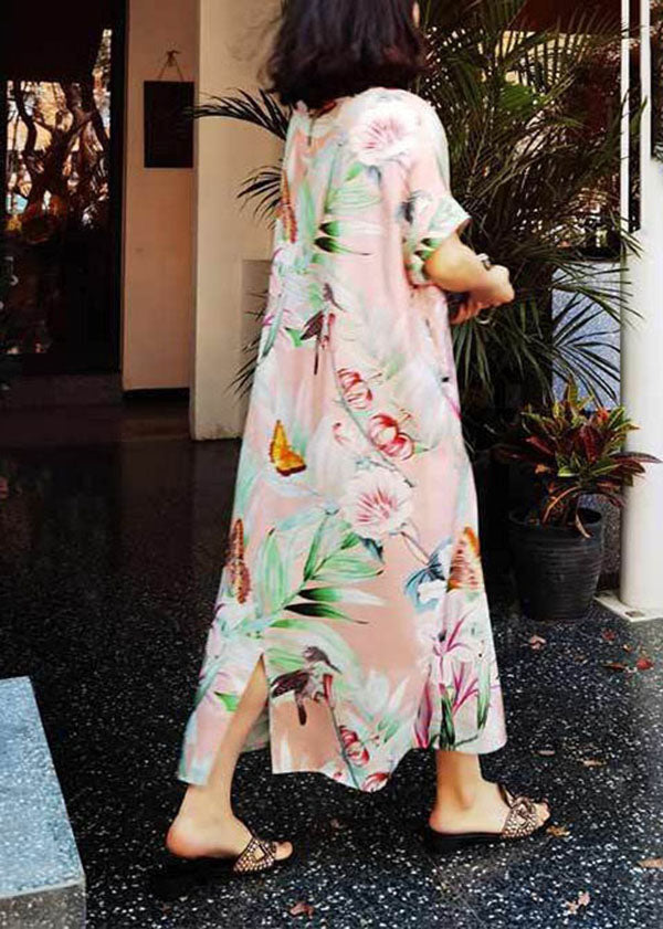 Pink O Neck Print Silk Long Dresses Summer