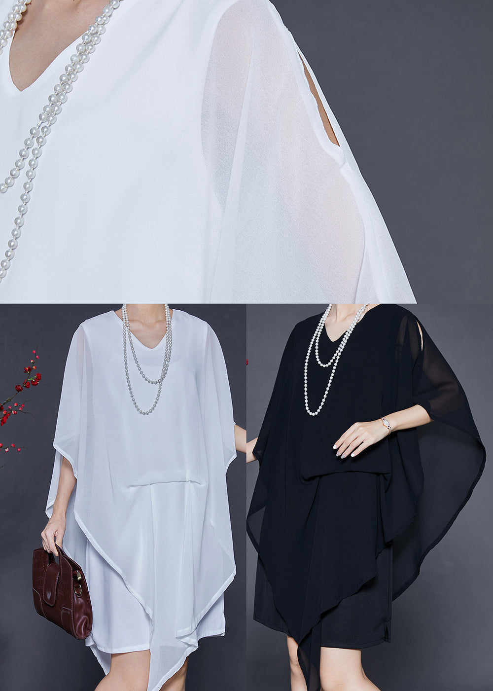 Black Asymmetrical Cold Shoulder Chiffon Tea Dress Summer