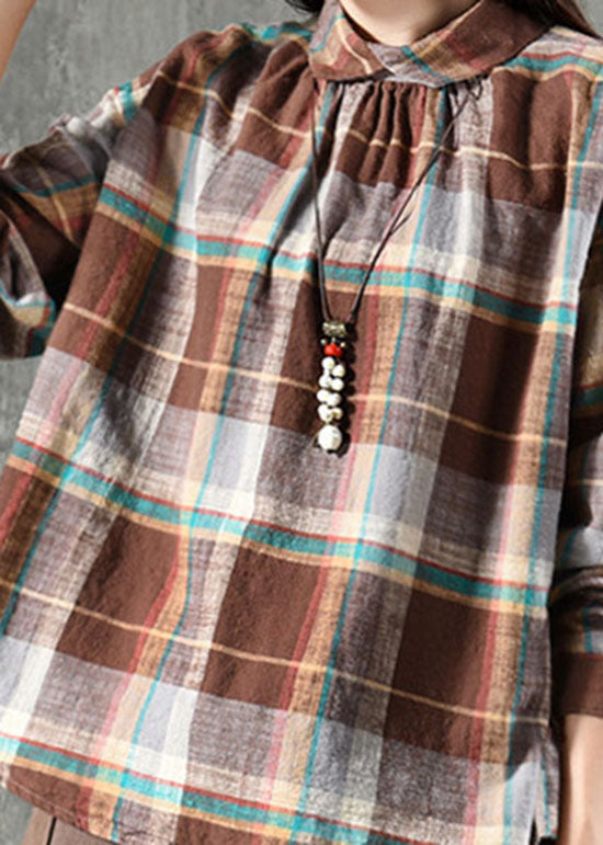 Coffee Plaid Peter Pan Collar Patchwork Linen Blouse Tops Spring