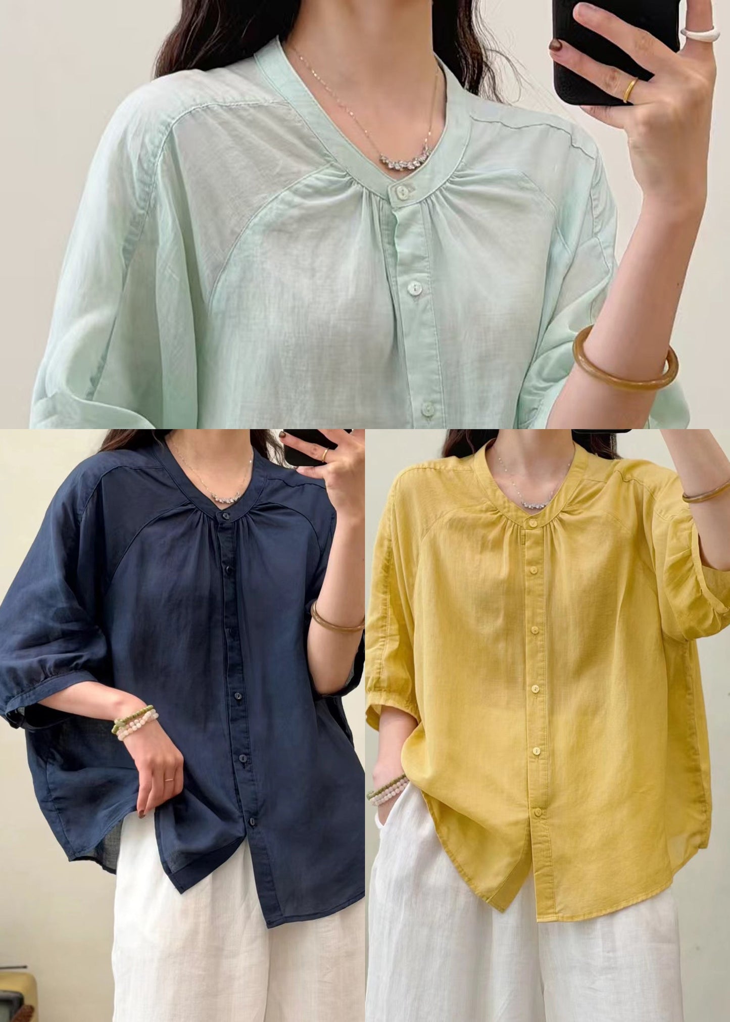 Yellow O-neck Wrinkled Linen Blouse Top Summer