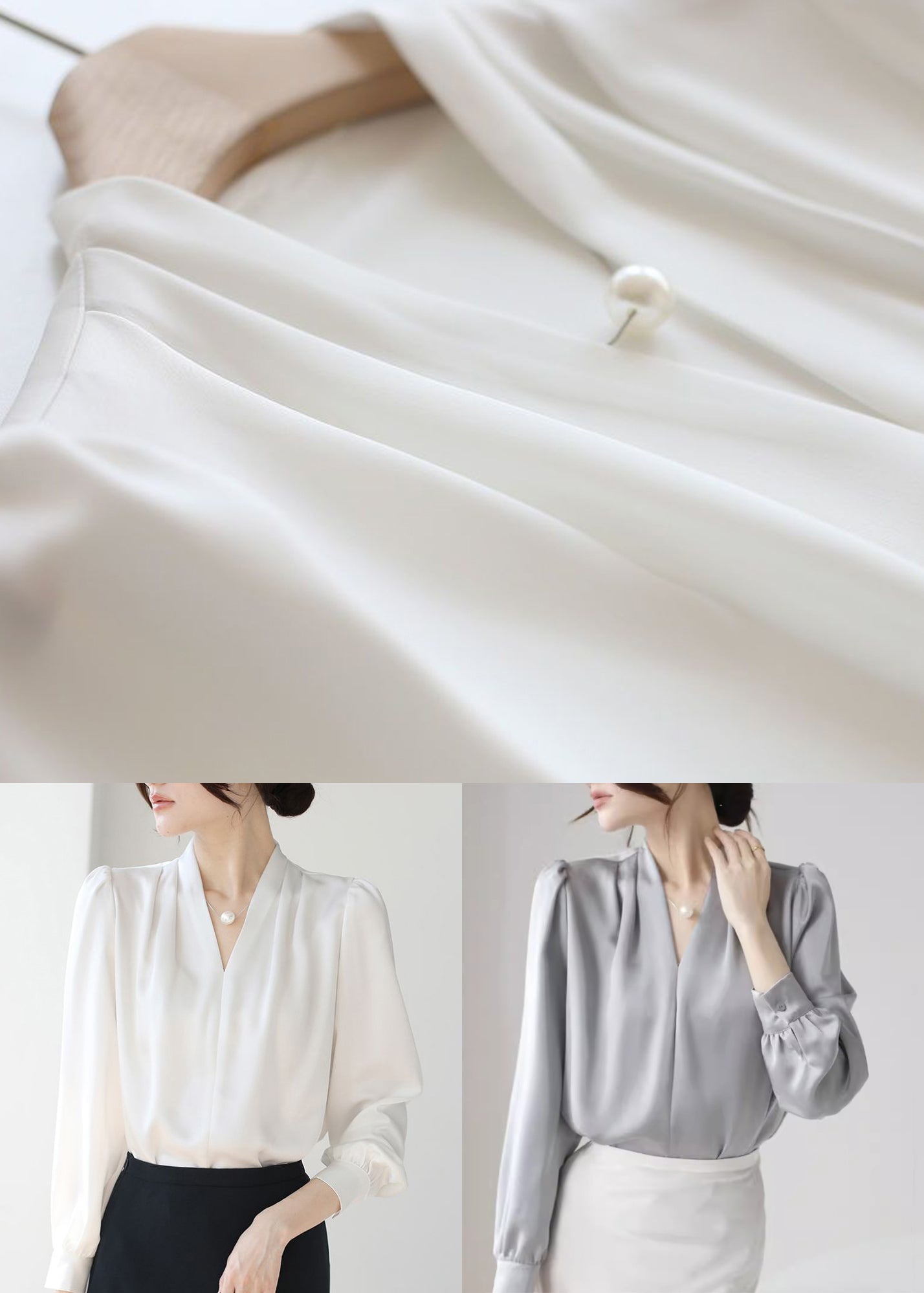 White Button Original Design Silk Fall Shirt V Neck