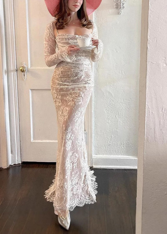 New White Long Sleeved Cape Lace Spaghetti Strap Dress Set