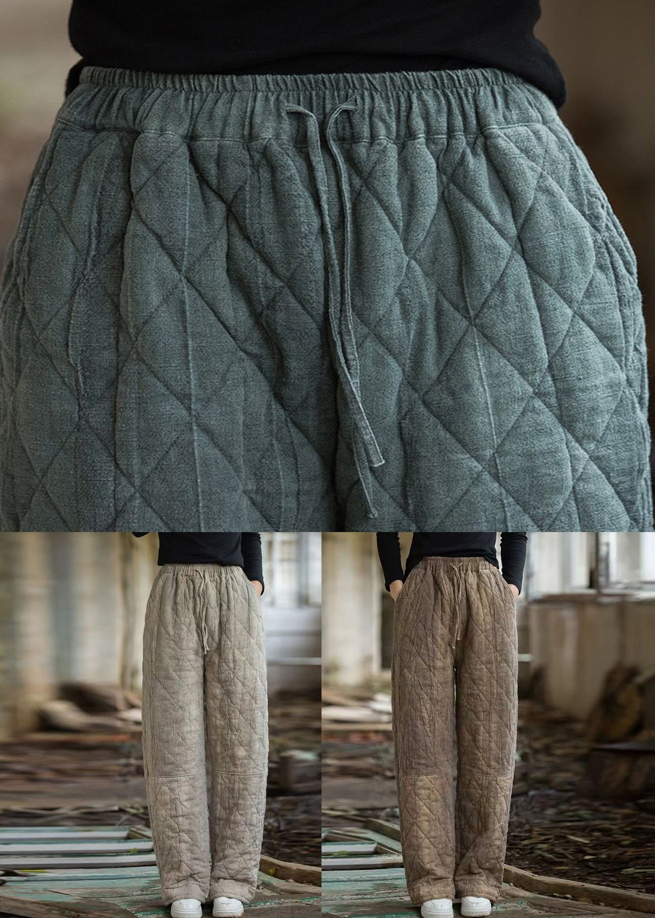 Oatmeal Plaid Tie Dye Pockets Cotton Filled Straight Pants