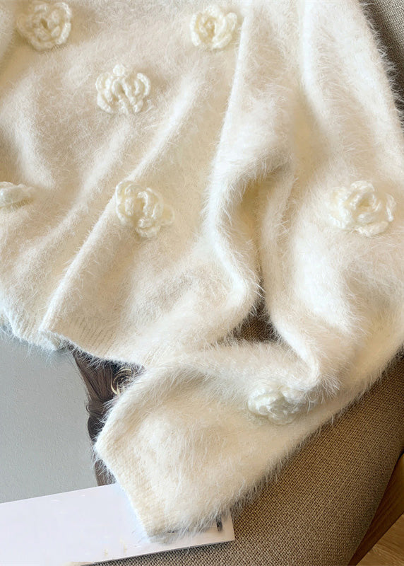 White O-neck Mink Hair Knitted Sweaters Winter