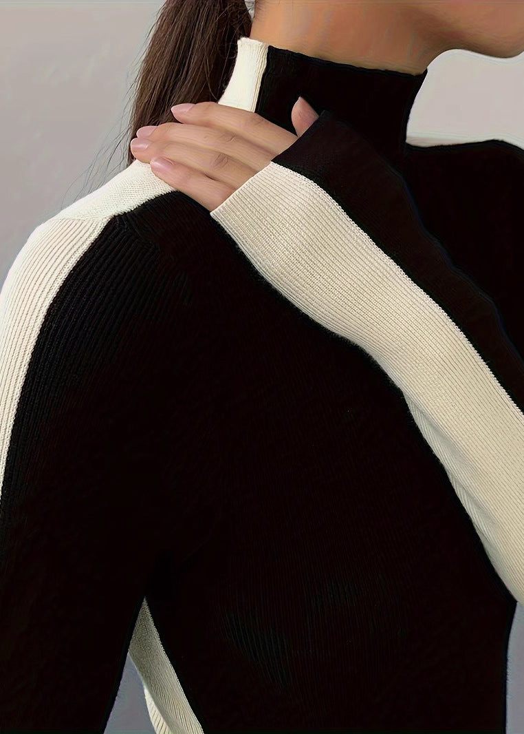 Fitted Black Hign Neck Patchwork Knit Sweaters Top Spring