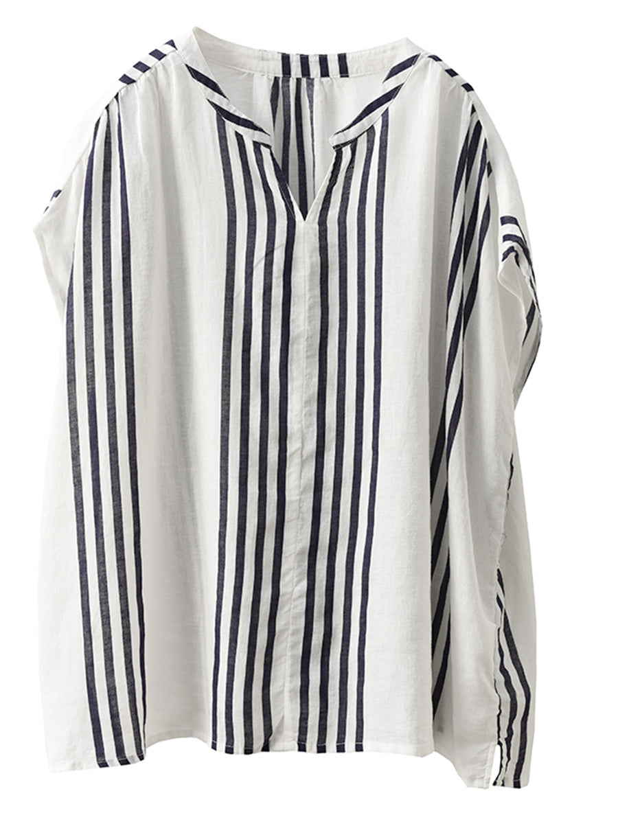 Summer Artsy Stripe V-neck Thin Linen Shirt