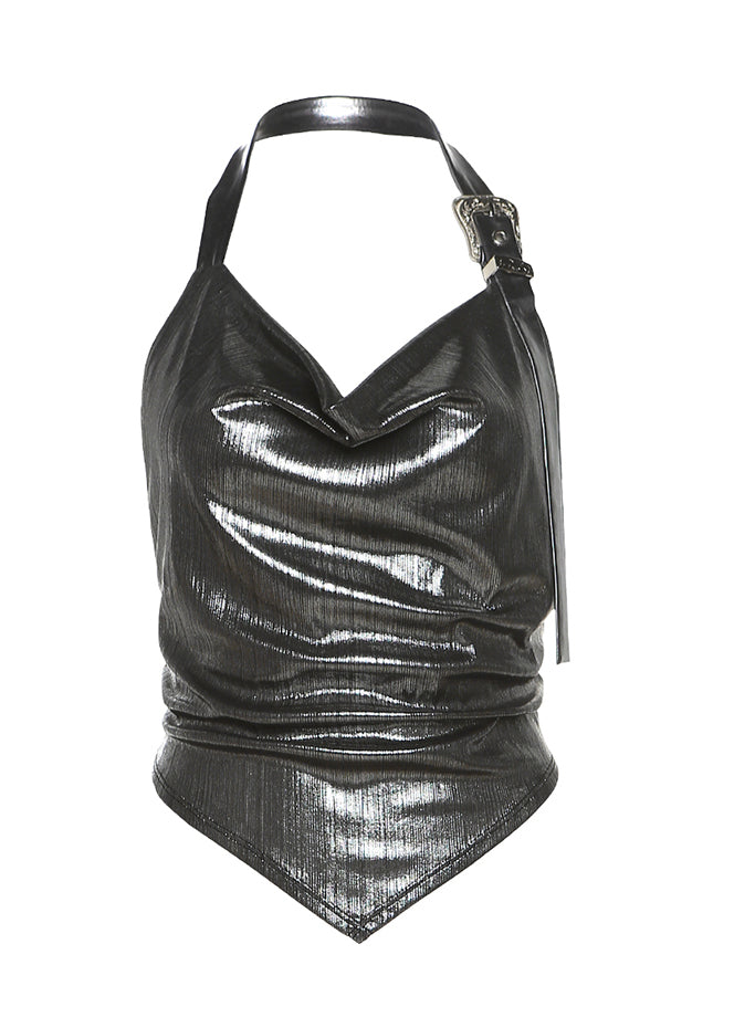 Silver Hanging Neck Style Suspender Shiny Pleated Short Top