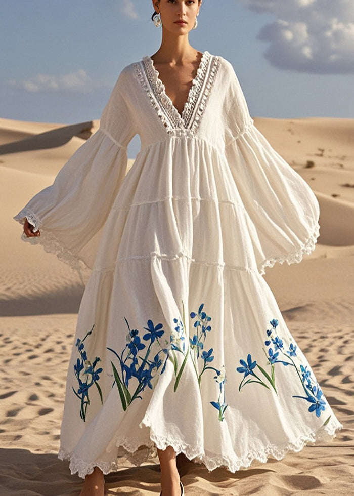 White V Neck Print Cotton Vacation Dresses Flare Sleeve