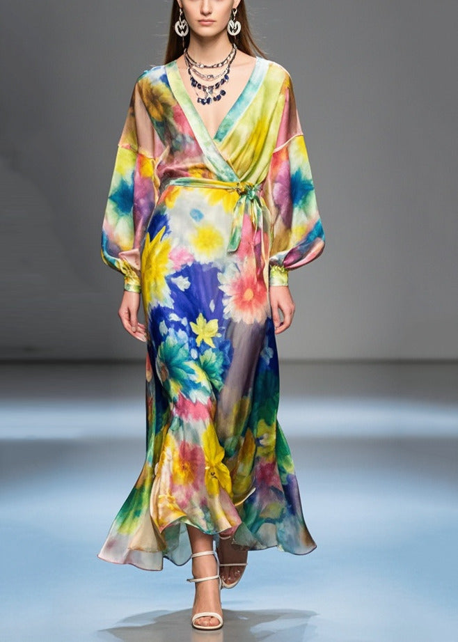 Flower Print Tie Waist Silk Long Dress Fall