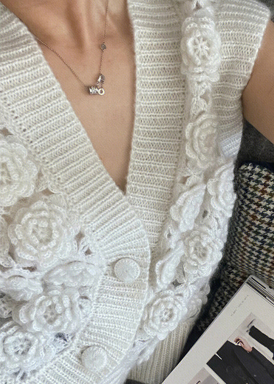 Italian White V Neck Woolen Vest Tops Sleeveless