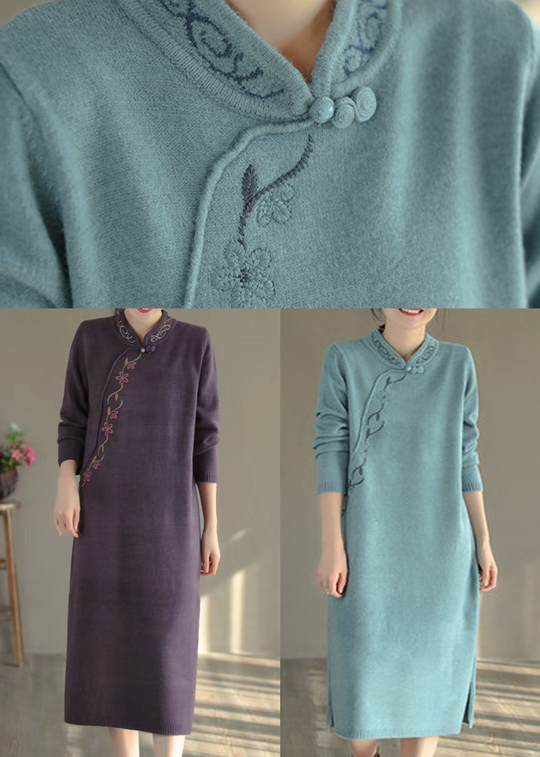 Blue Oriental Long Knit Dress Embroidered Side Open Winter