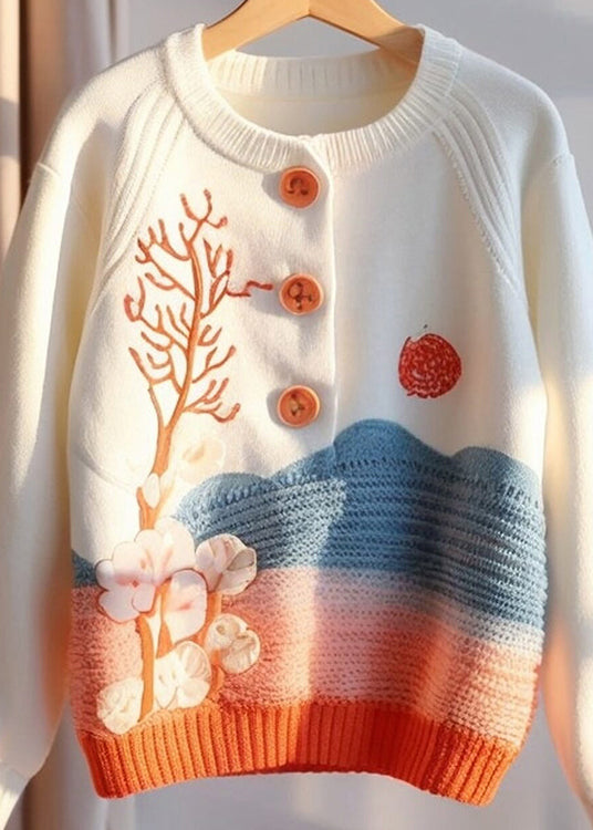 Beige Print Button Knit Sweaters Fall