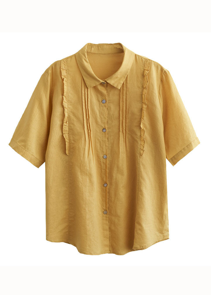 Yellow Peter Pan Collar Ruffled Patchwork Cotton Blouses Summer