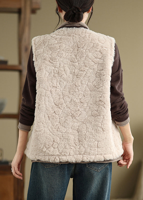 Khaki Button Pockets Teddy Faux Fur Waistcoat Sleeveless