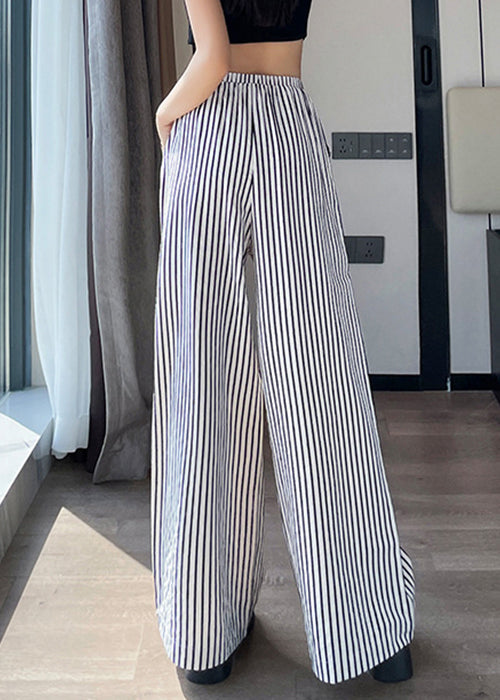 New White Striped Pockets High Waist Cotton Pants Summer
