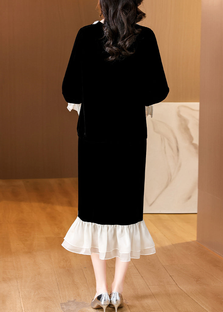 Black V Neck Patchwork Tops and Skirts Silk Velvet Two Pieces Set Butterfly Sleeve