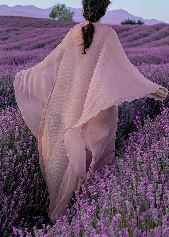 Pink Wrinkled Silk Long Dress Batwing Sleeve