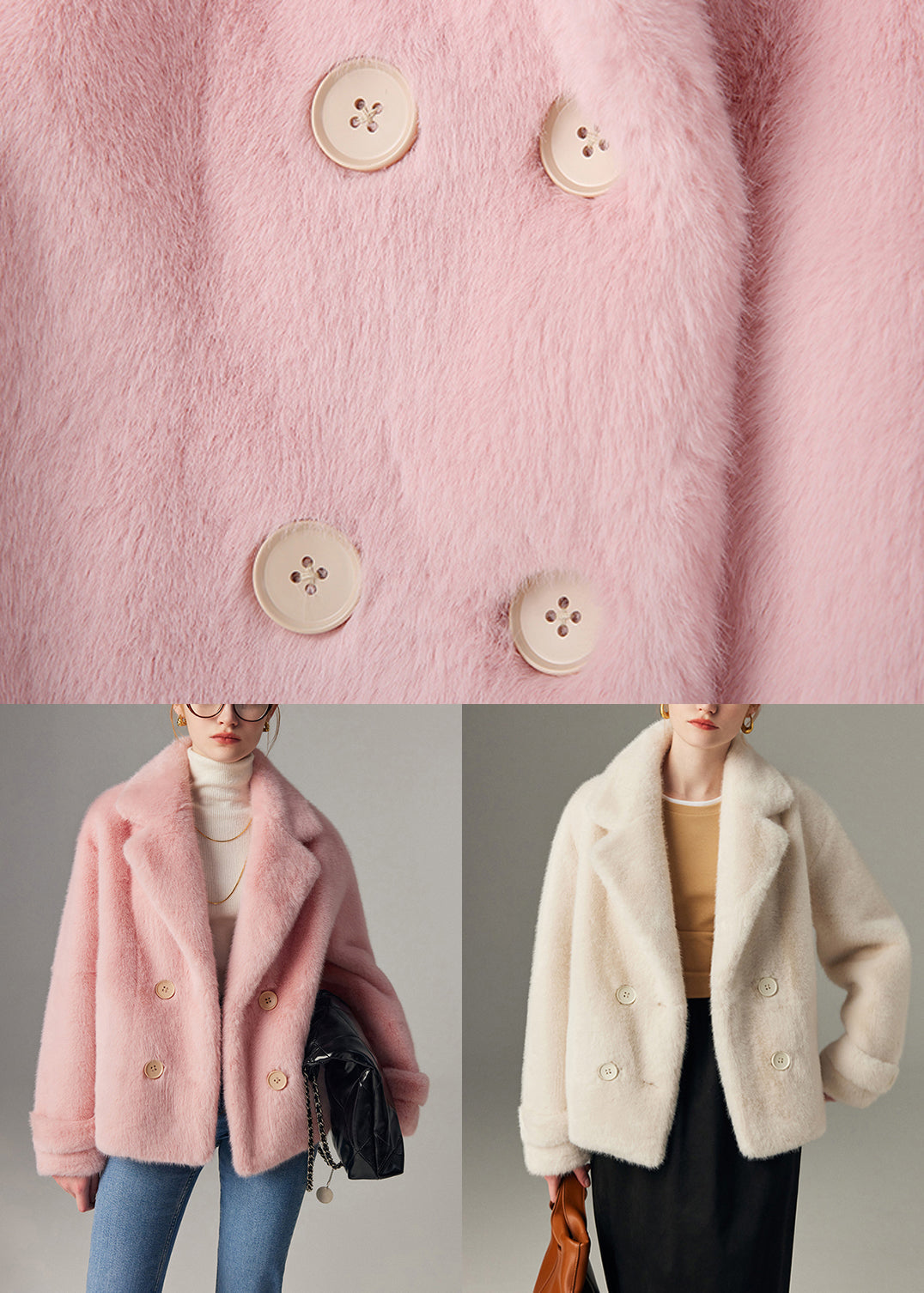 Loose Pink Notched Double Breast Mink Hair Coats Winter